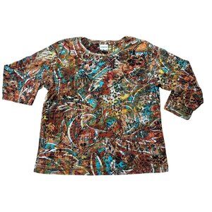 Chicos Multi-Color Printed 3/4 Sleeve Cotton Top Size 3